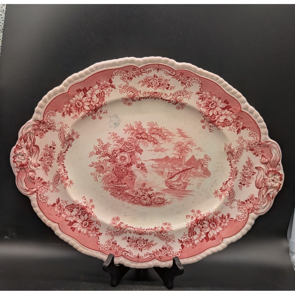 Antique John Maddock & Sons Bombay Pink Transferware Oval Platter England 15"